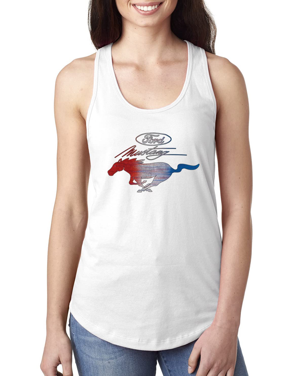 Ford Mustang Shirt USA Flag Mustang Emblem Cars and Trucks Ladies Racerback Tank Top