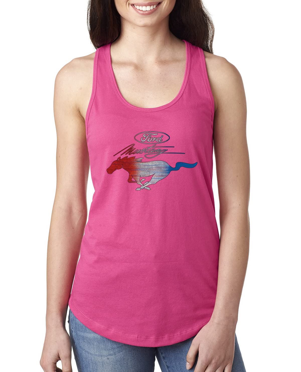 Ford Mustang Shirt USA Flag Mustang Emblem Cars and Trucks Ladies Racerback Tank Top