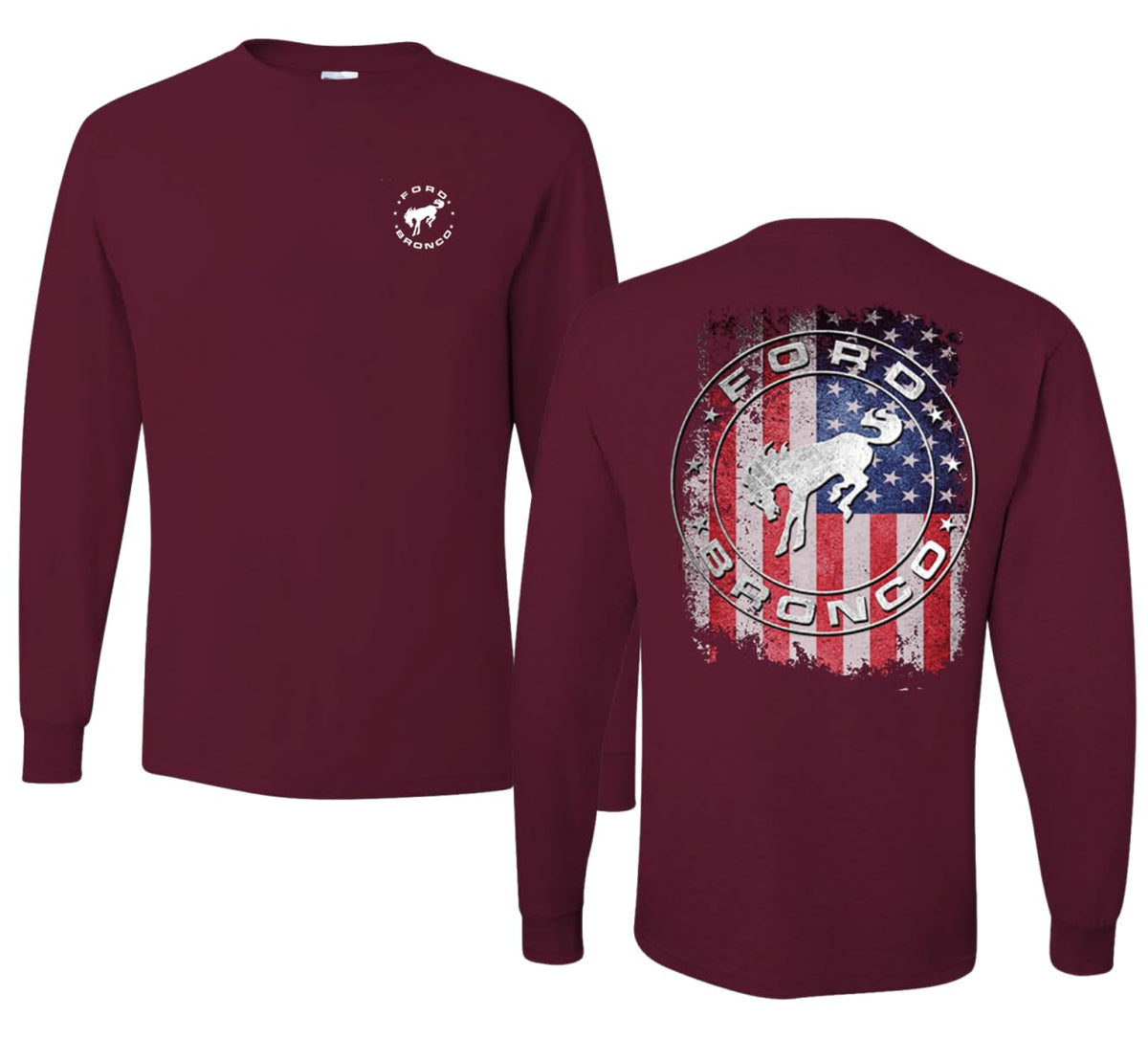 US Flag Ford Bronco Front and Back  Cars and Trucks Mens Long Sleeve Shirt