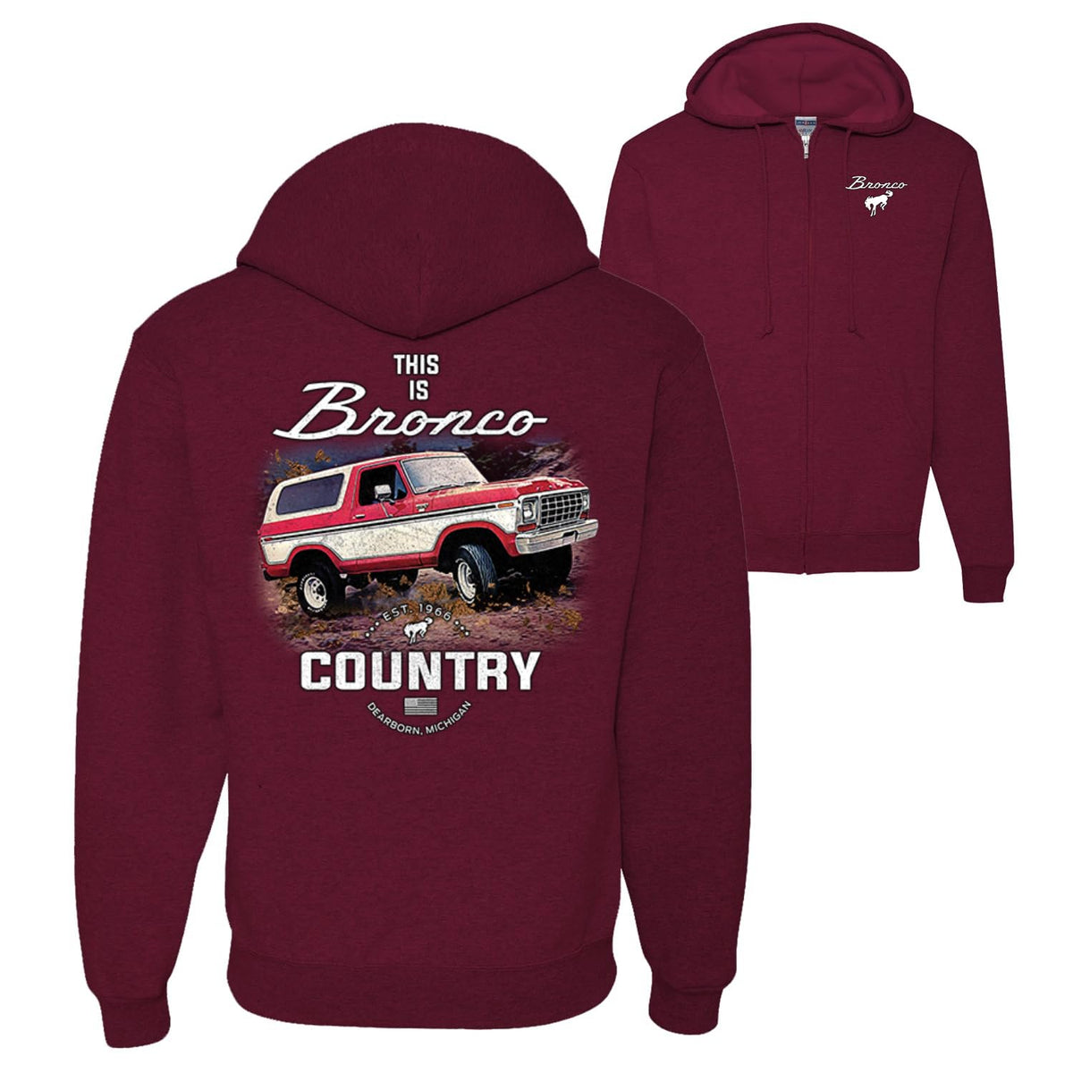 US Flag Ford Bronco Cars and Trucks Front and Back Graphic Zip Up Hoodie Sweatshirt