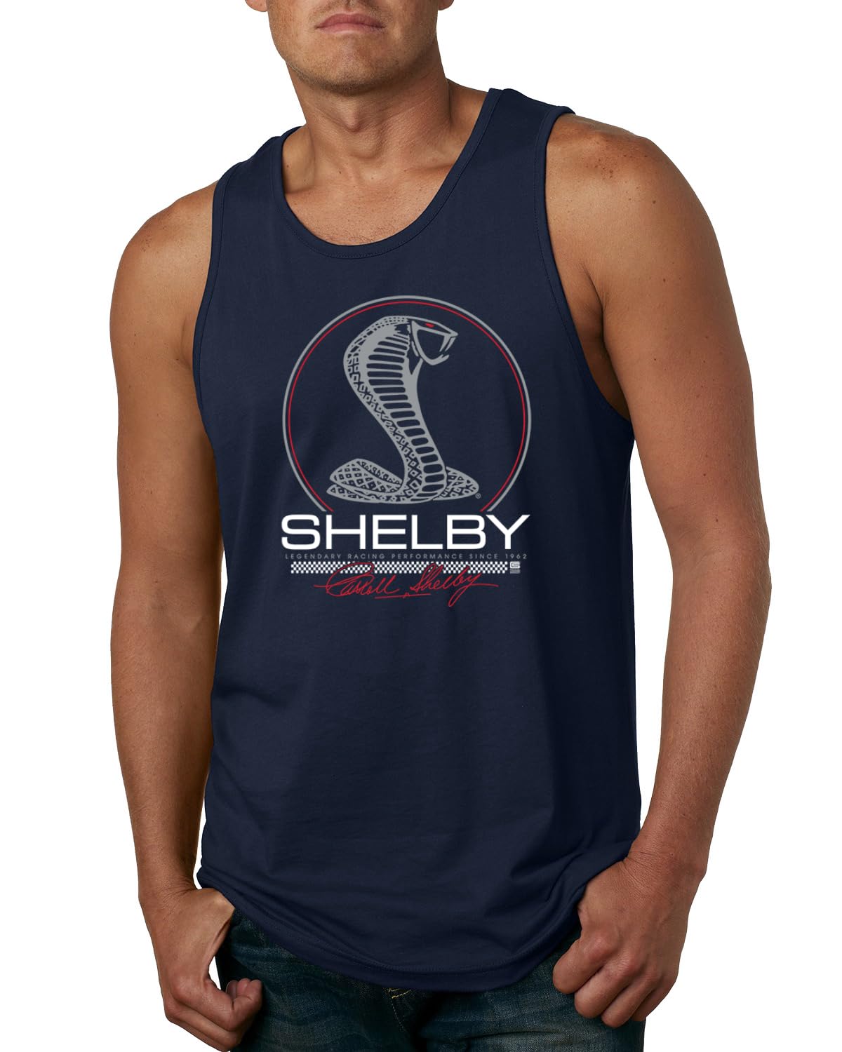 Shelby Cobra USA Logo Emblem Powered by Ford Motors Cars and Trucks Mens Tank Top