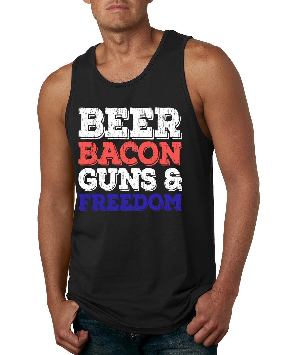 Beer Bacon Guns Freedom Funny America USA Drinking Independence Day Mens Graphic Tank Top