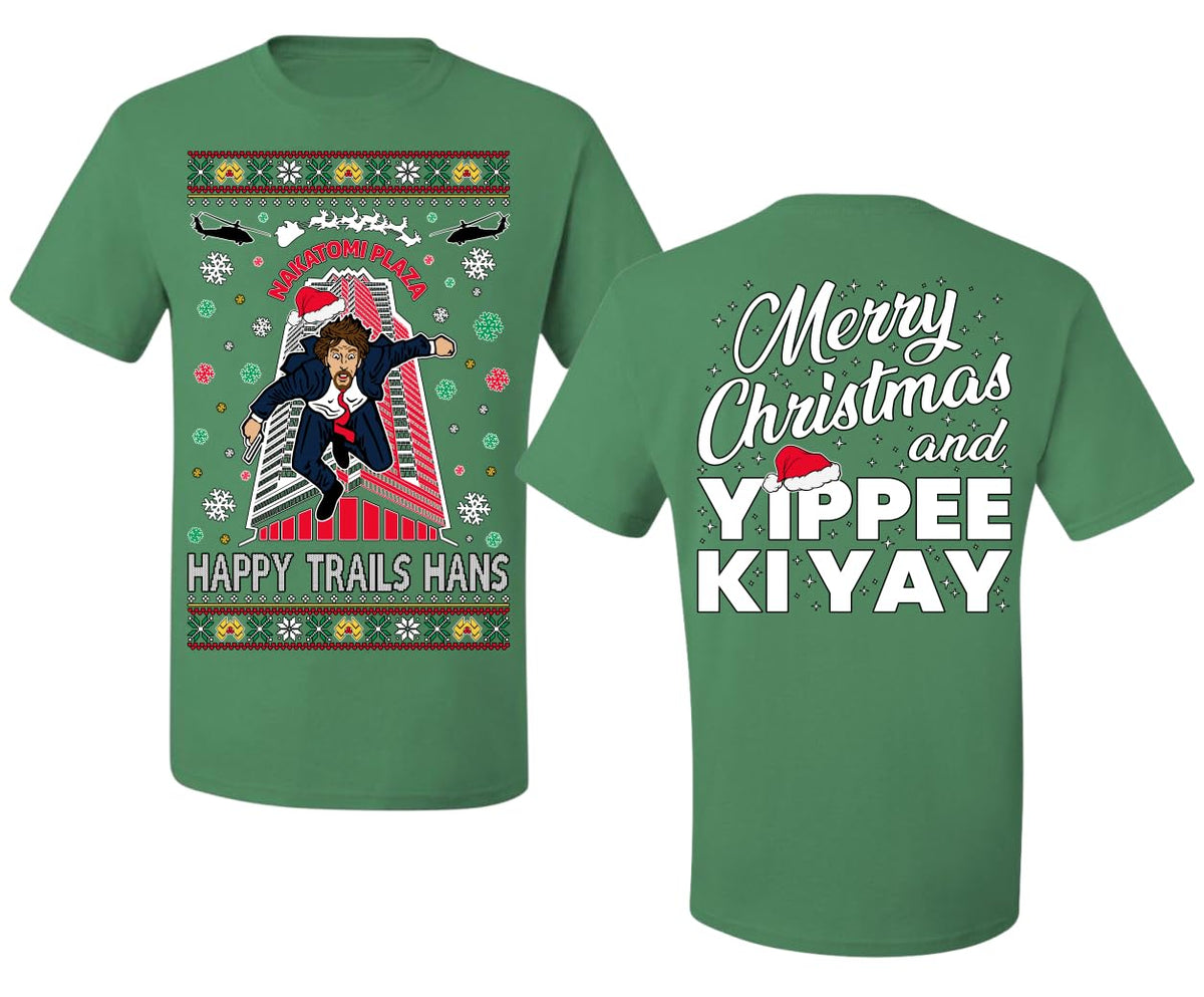Nakatomi Plaza Happy Trails Hanz  Front and Back Ugly Christmas Men's T-Shirt