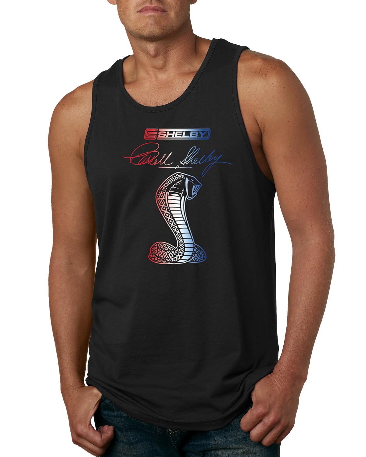 Shelby Cobra USA Logo Emblem Powered by Ford Motors Cars and Trucks Mens Tank Top