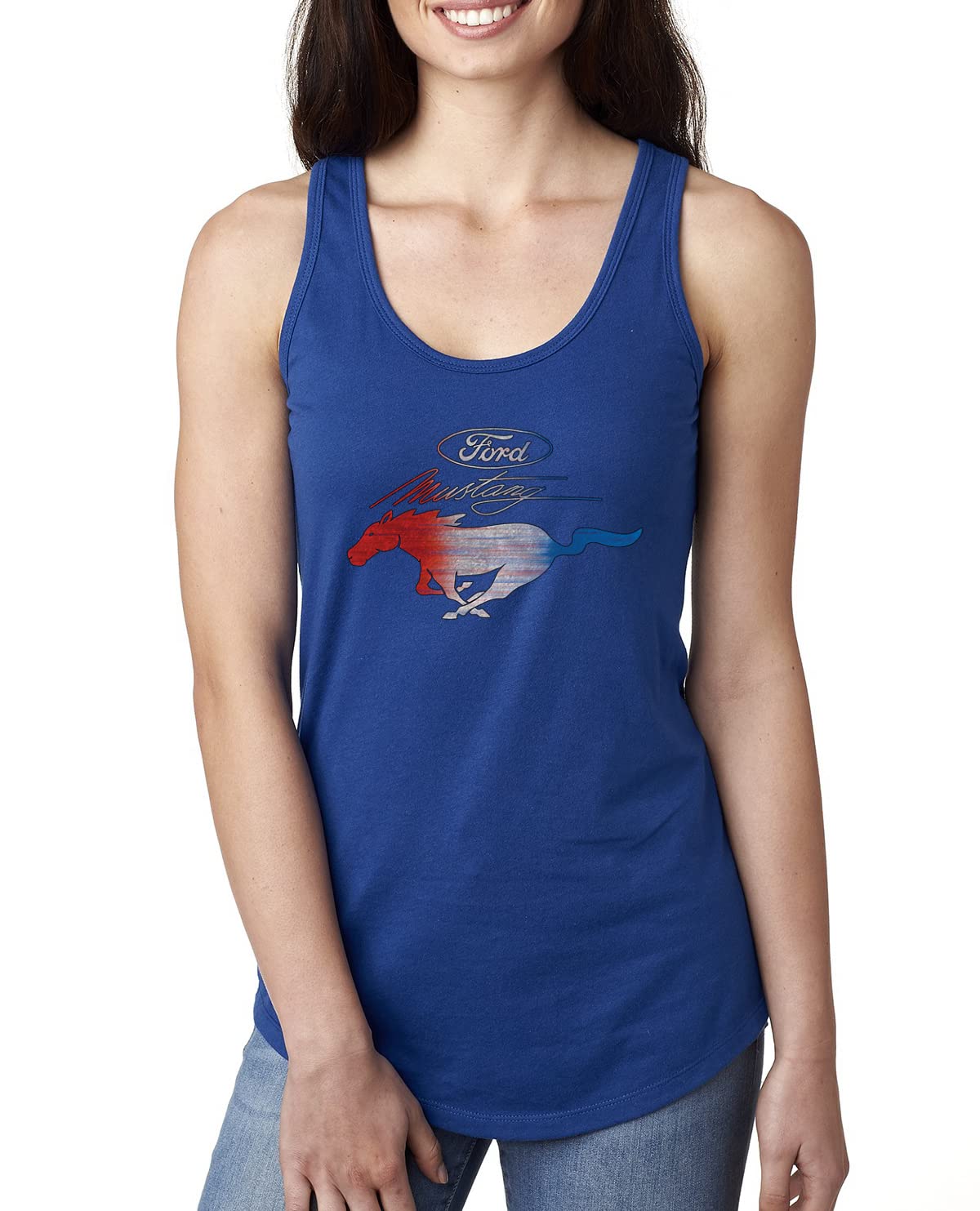 Ford Mustang Shirt USA Flag Mustang Emblem Cars and Trucks Ladies Racerback Tank Top