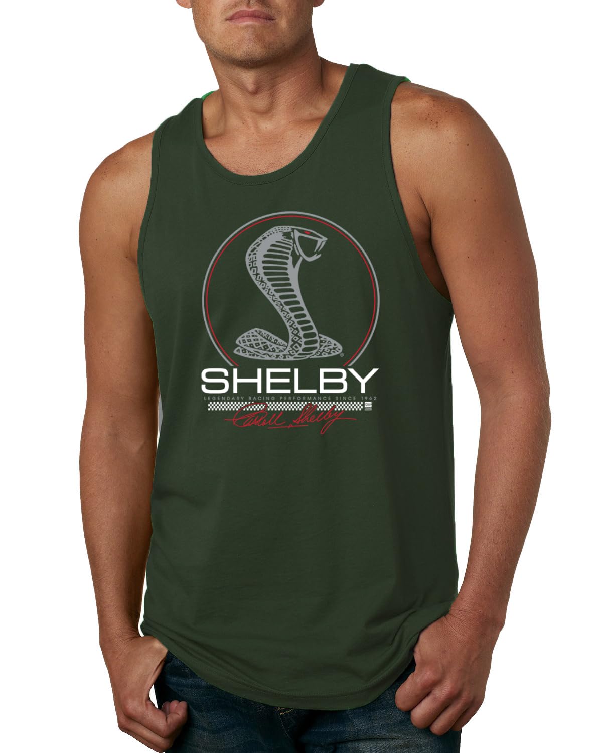 Shelby Cobra USA Logo Emblem Powered by Ford Motors Cars and Trucks Mens Tank Top