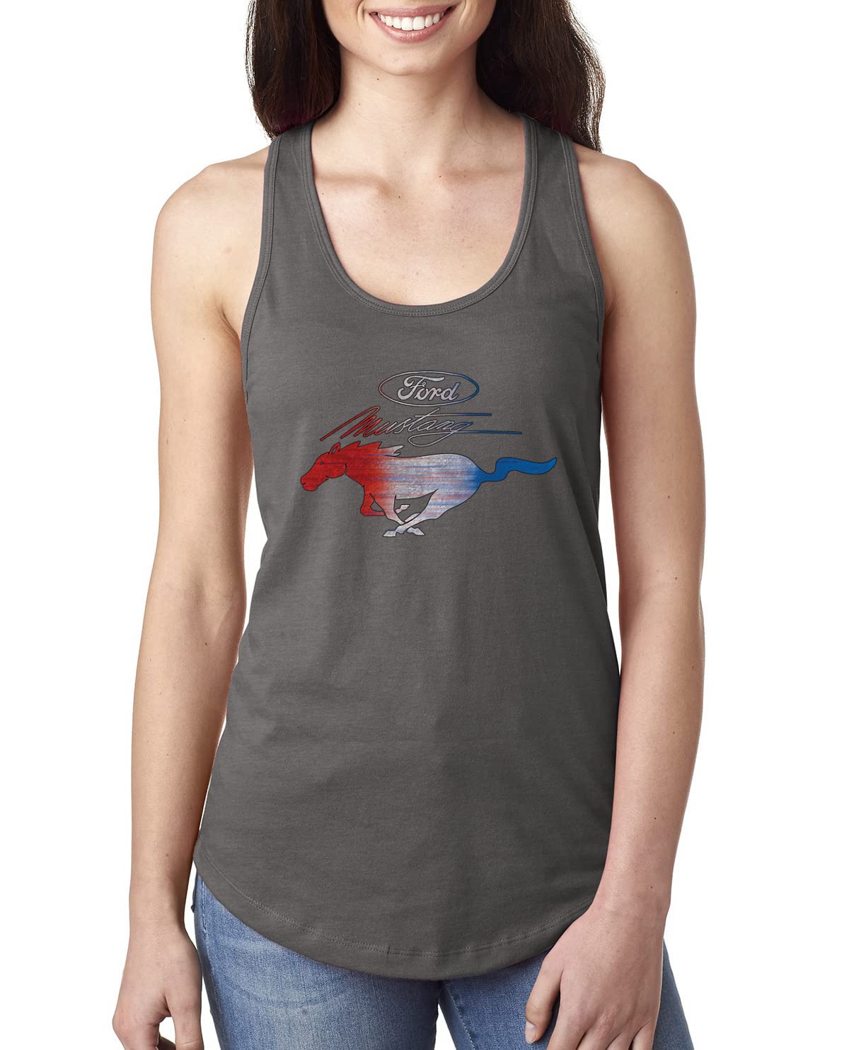 Ford Mustang Shirt USA Flag Mustang Emblem Cars and Trucks Ladies Racerback Tank Top