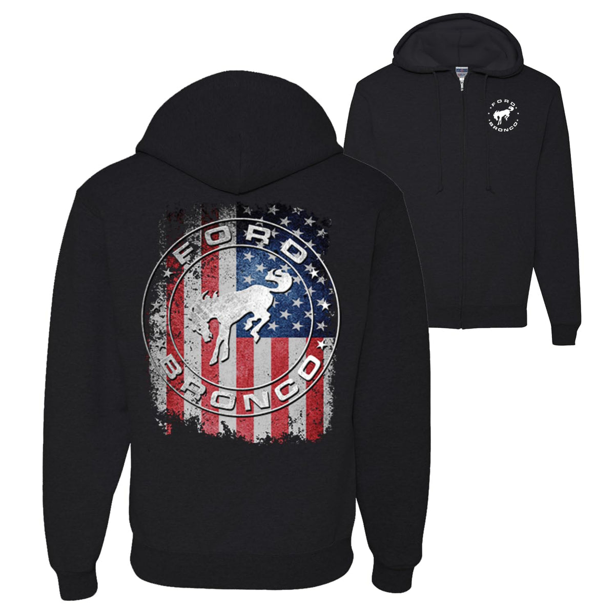 US Flag Ford Bronco Cars and Trucks Front and Back Graphic Zip Up Hoodie Sweatshirt