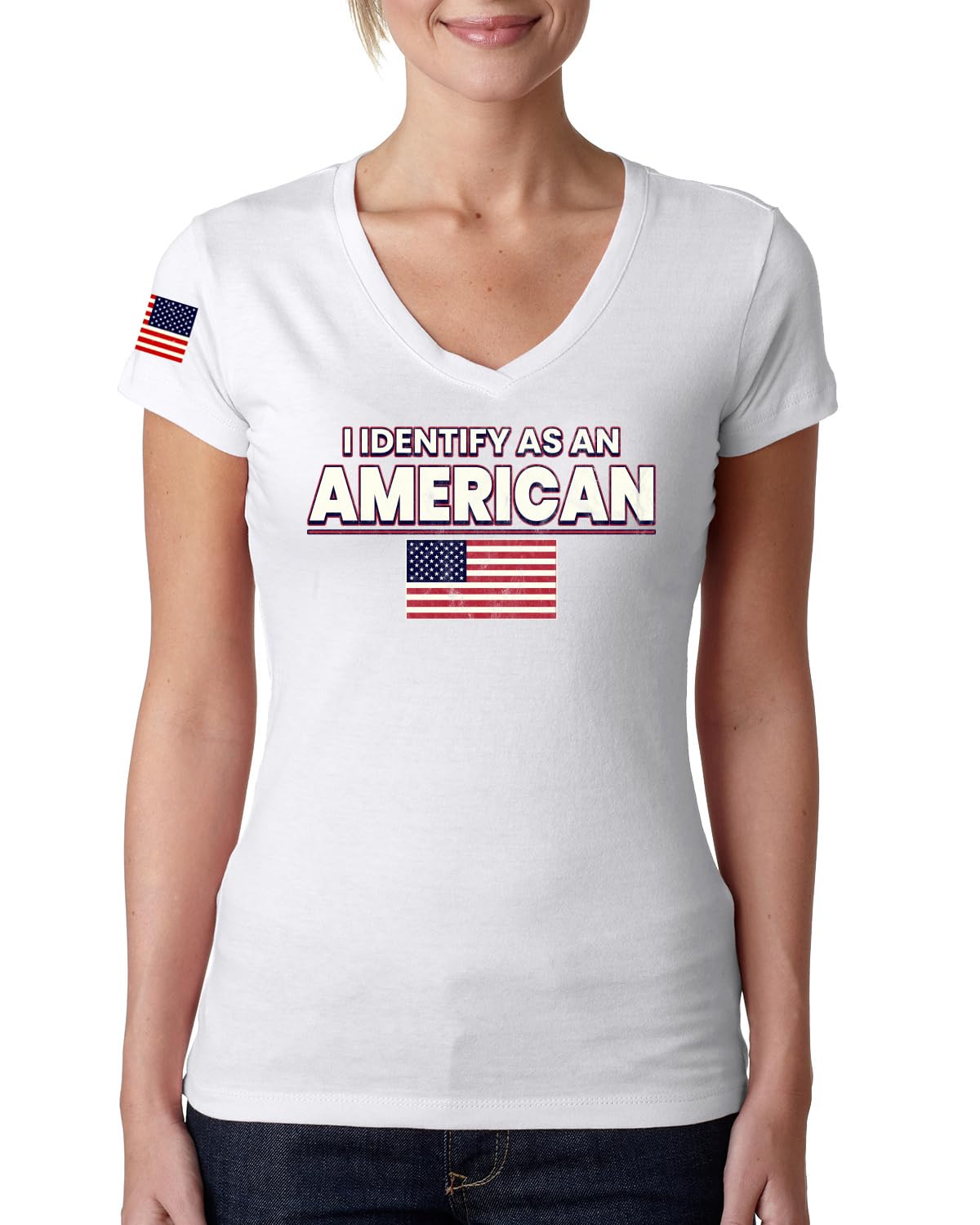 I Identify As An American USA Flag US Flag Sleeve American Pride Womens Junior Fit V-Neck Tee