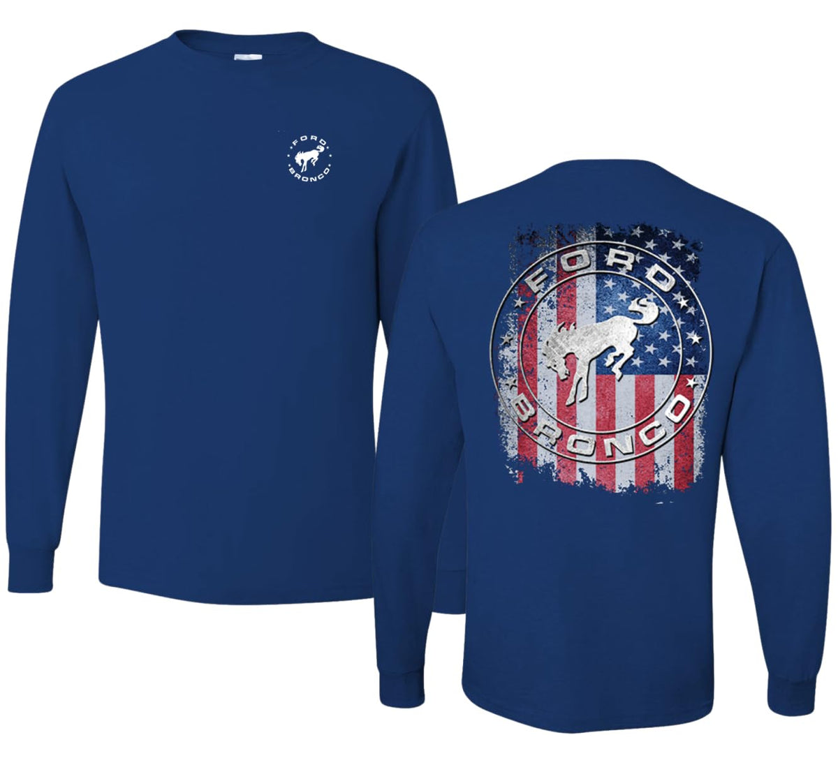 US Flag Ford Bronco Front and Back  Cars and Trucks Mens Long Sleeve Shirt