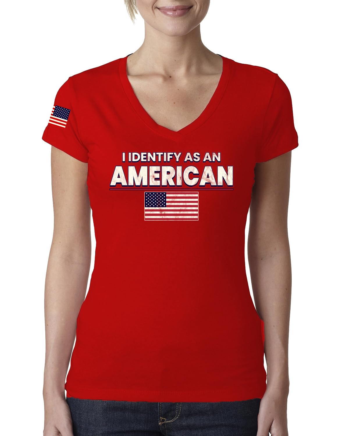 I Identify As An American USA Flag US Flag Sleeve American Pride Womens Junior Fit V-Neck Tee