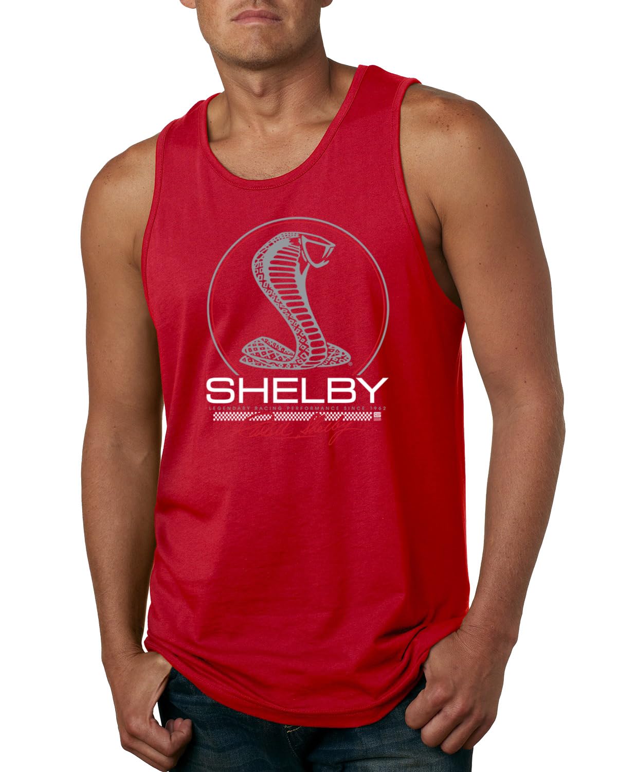 Shelby Cobra USA Logo Emblem Powered by Ford Motors Cars and Trucks Mens Tank Top