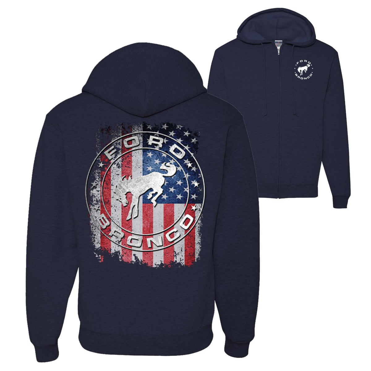 US Flag Ford Bronco Cars and Trucks Front and Back Graphic Zip Up Hoodie Sweatshirt