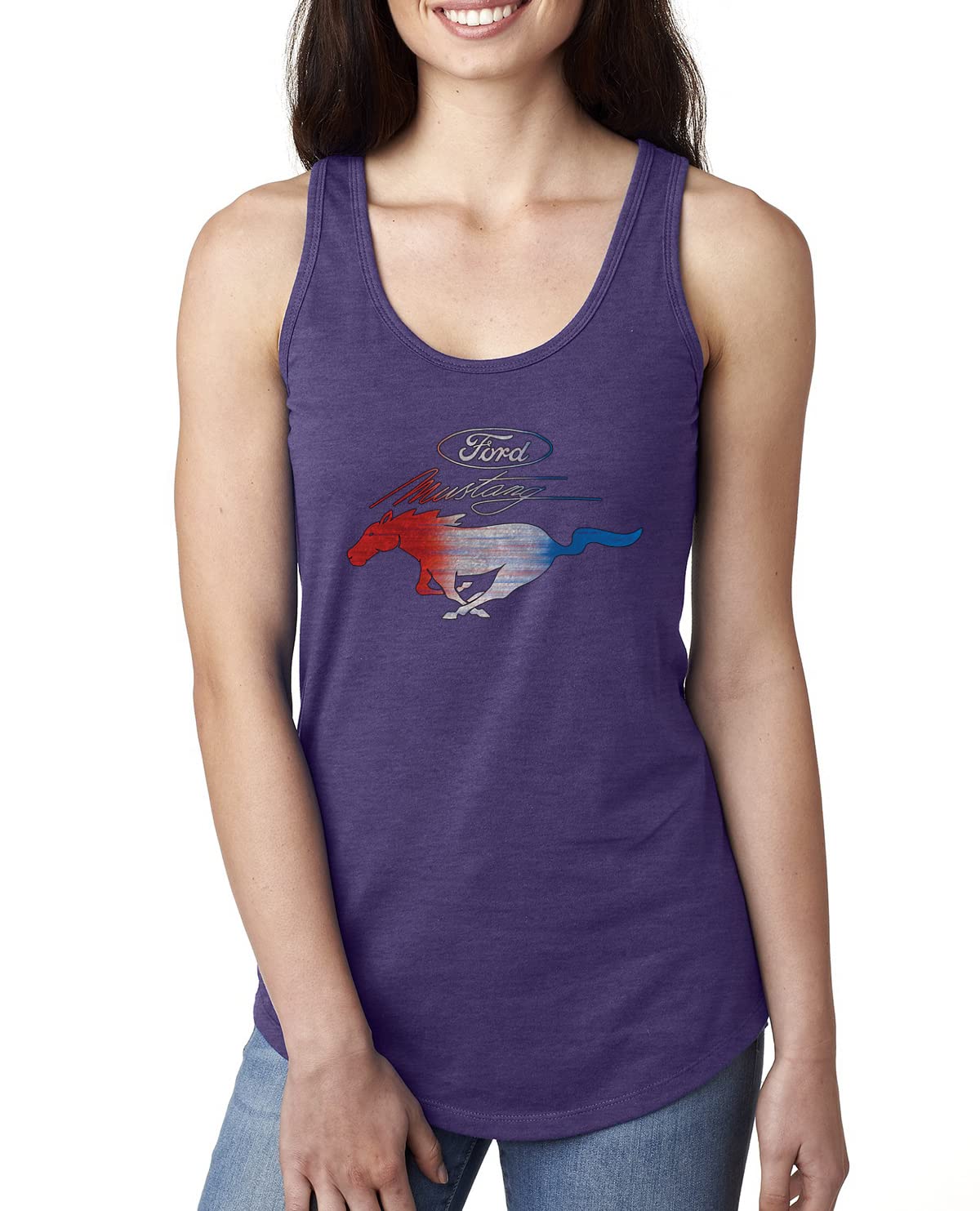 Ford Mustang Shirt USA Flag Mustang Emblem Cars and Trucks Ladies Racerback Tank Top