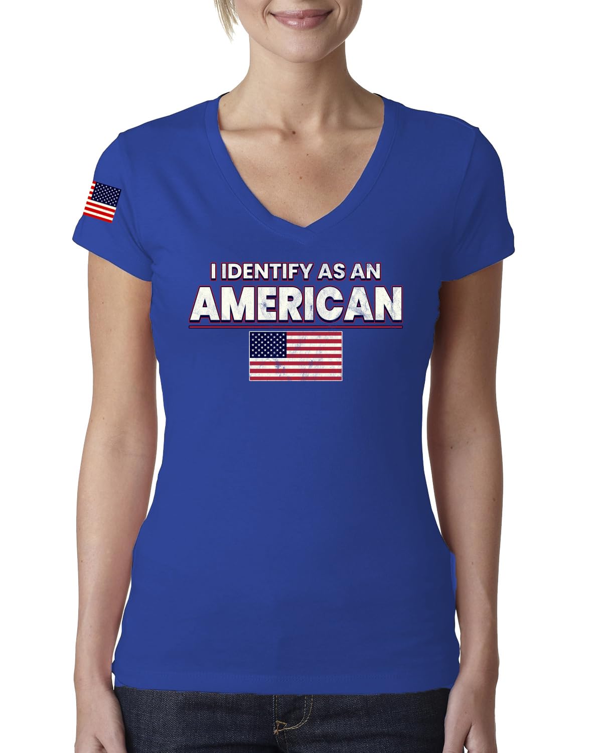 I Identify As An American USA Flag US Flag Sleeve American Pride Womens Junior Fit V-Neck Tee