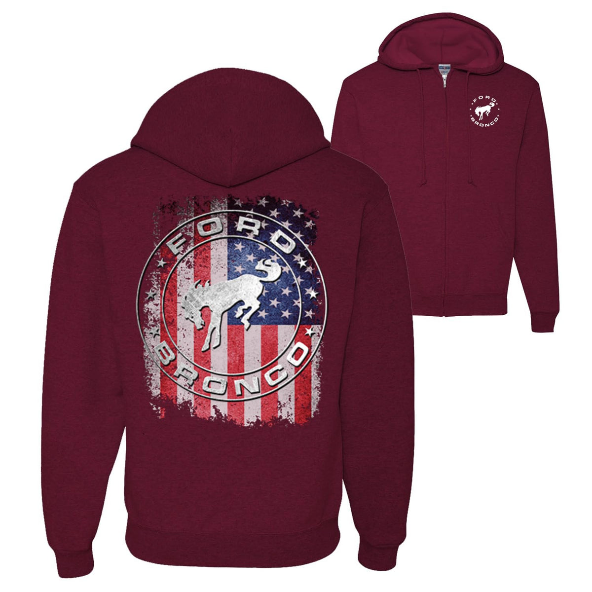 US Flag Ford Bronco Cars and Trucks Front and Back Graphic Zip Up Hoodie Sweatshirt