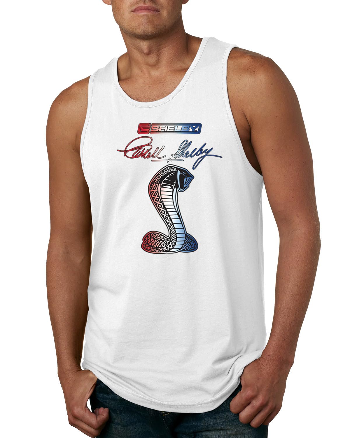 Shelby Cobra USA Logo Emblem Powered by Ford Motors Cars and Trucks Mens Tank Top