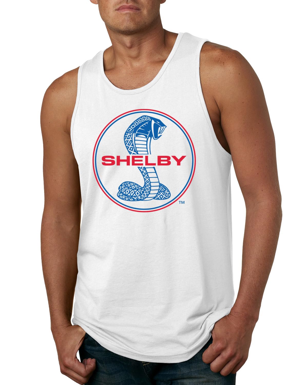 Shelby Cobra USA Logo Emblem Powered by Ford Motors Cars and Trucks Mens Tank Top