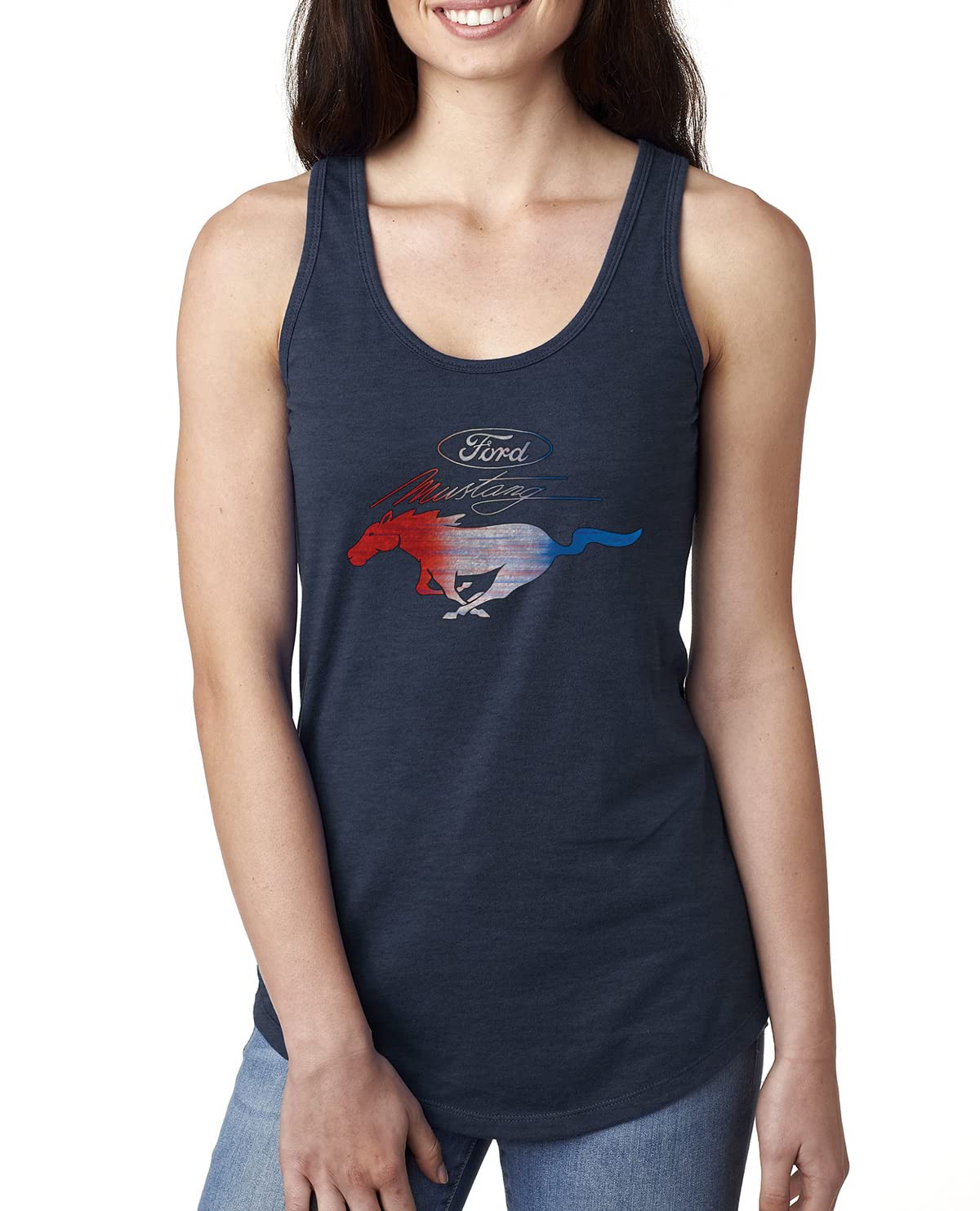 Ford Mustang Shirt USA Flag Mustang Emblem Cars and Trucks Ladies Racerback Tank Top