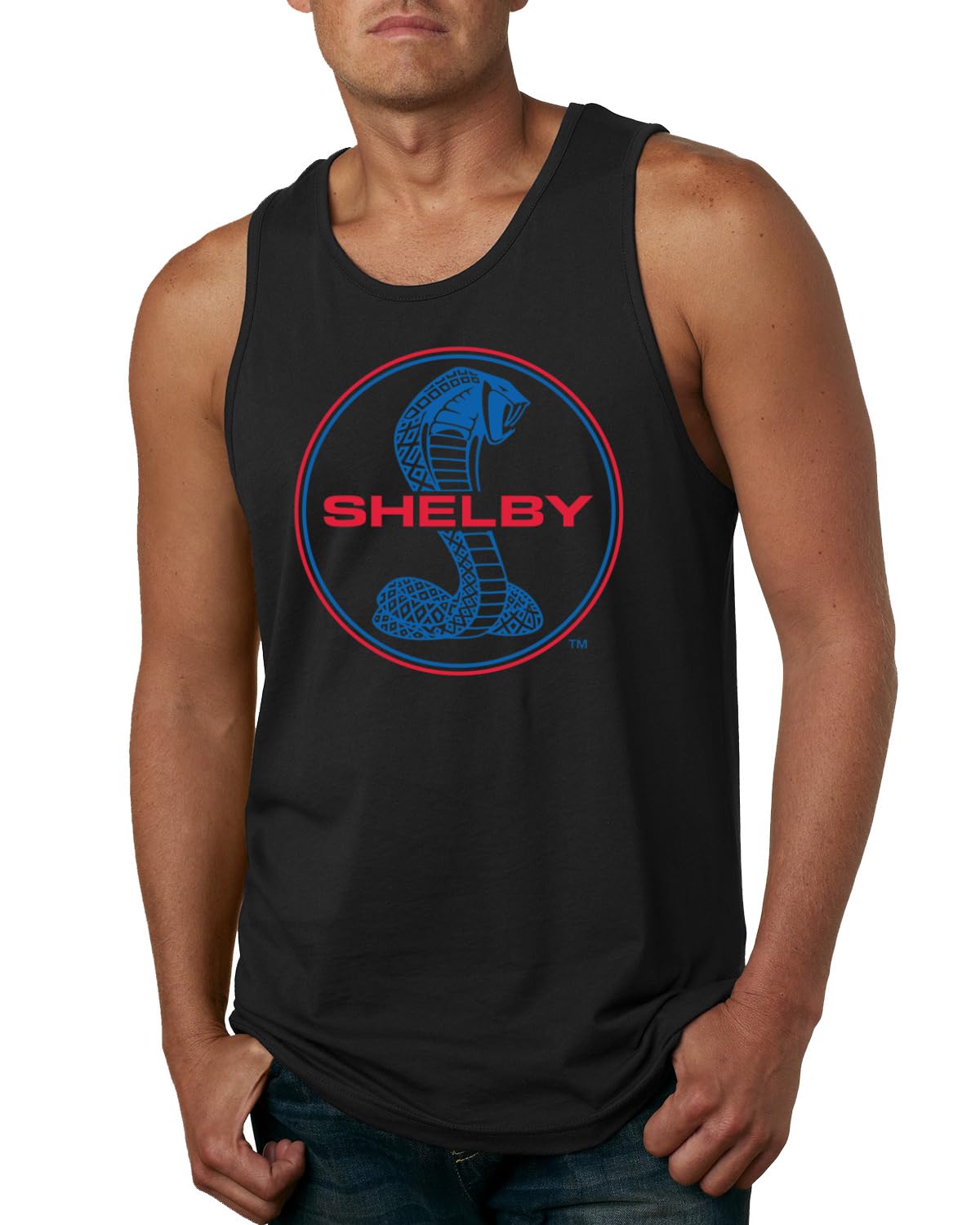 Shelby Cobra USA Logo Emblem Powered by Ford Motors Cars and Trucks Mens Tank Top