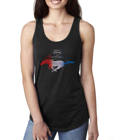 Ford Mustang Shirt USA Flag Mustang Emblem Cars and Trucks Ladies Racerback Tank Top