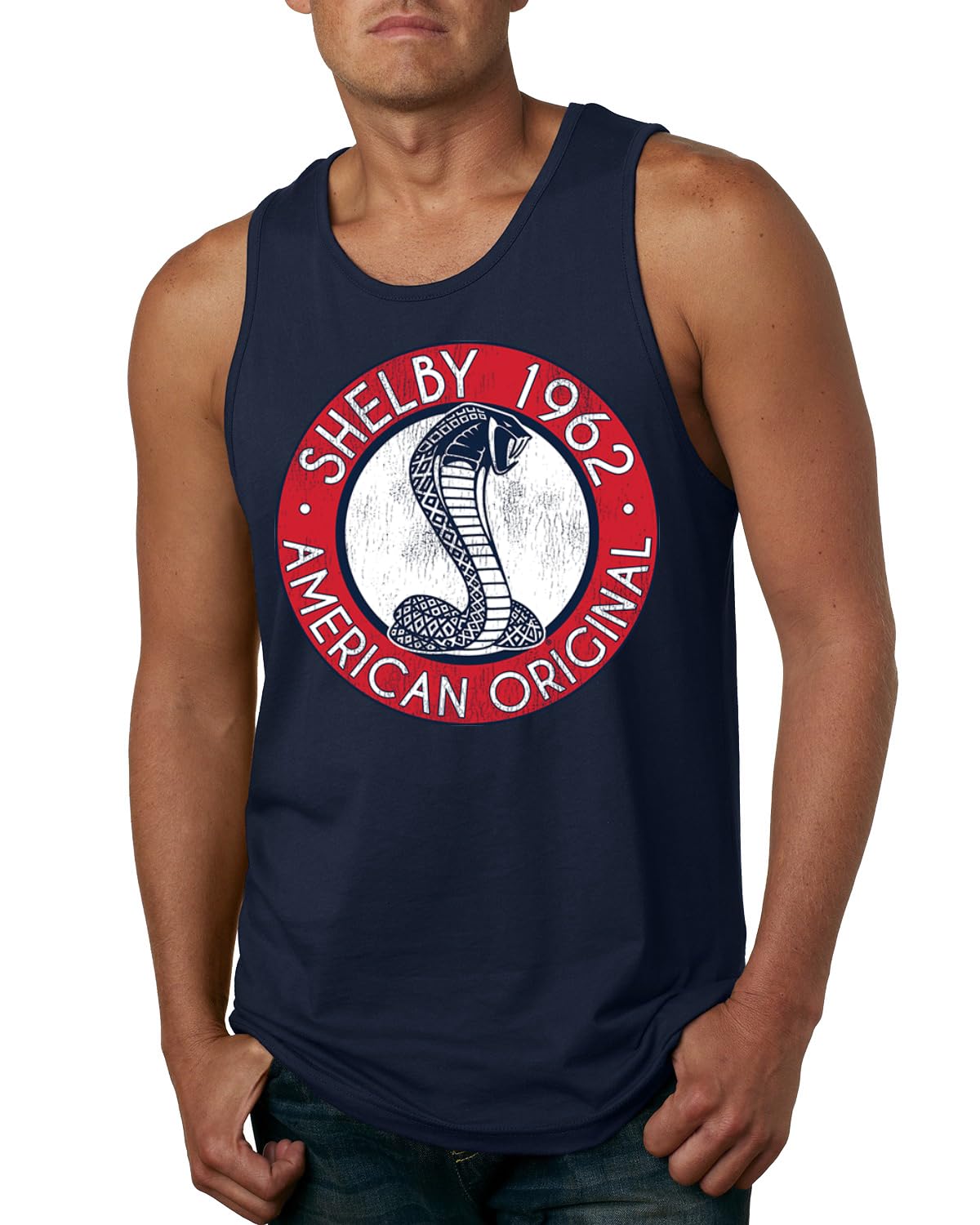 Shelby Cobra USA Logo Emblem Powered by Ford Motors Cars and Trucks Mens Tank Top
