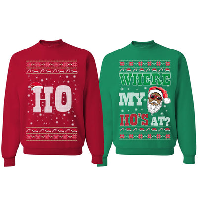 Where My Ho's At? Ugly Christmas Couples Sweaters Adult Him Hers Matching Unisex Holiday Sweatshirts