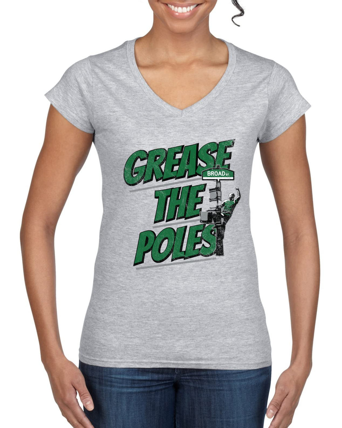 Grease The Poles Broad Street Phil Football Sports Womens Standard V-Neck Tee