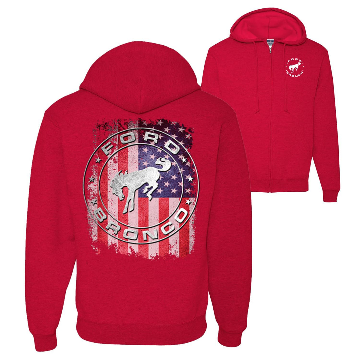 US Flag Ford Bronco Cars and Trucks Front and Back Graphic Zip Up Hoodie Sweatshirt