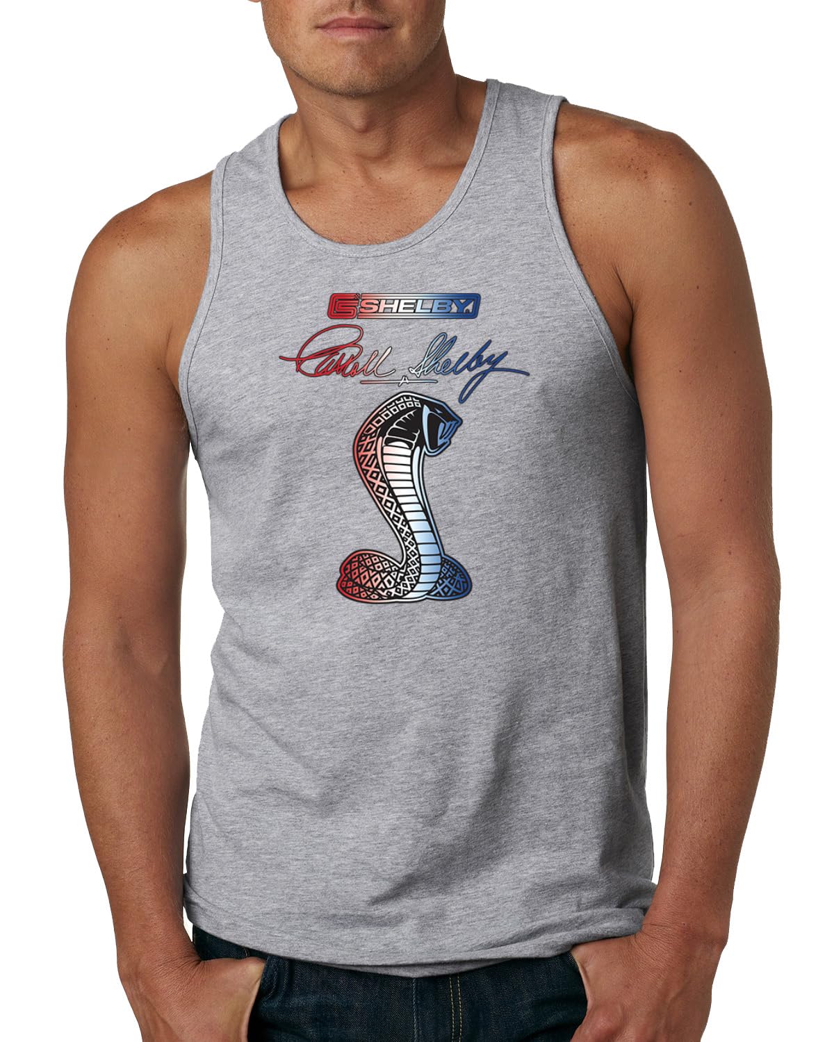 Shelby Cobra USA Logo Emblem Powered by Ford Motors Cars and Trucks Mens Tank Top