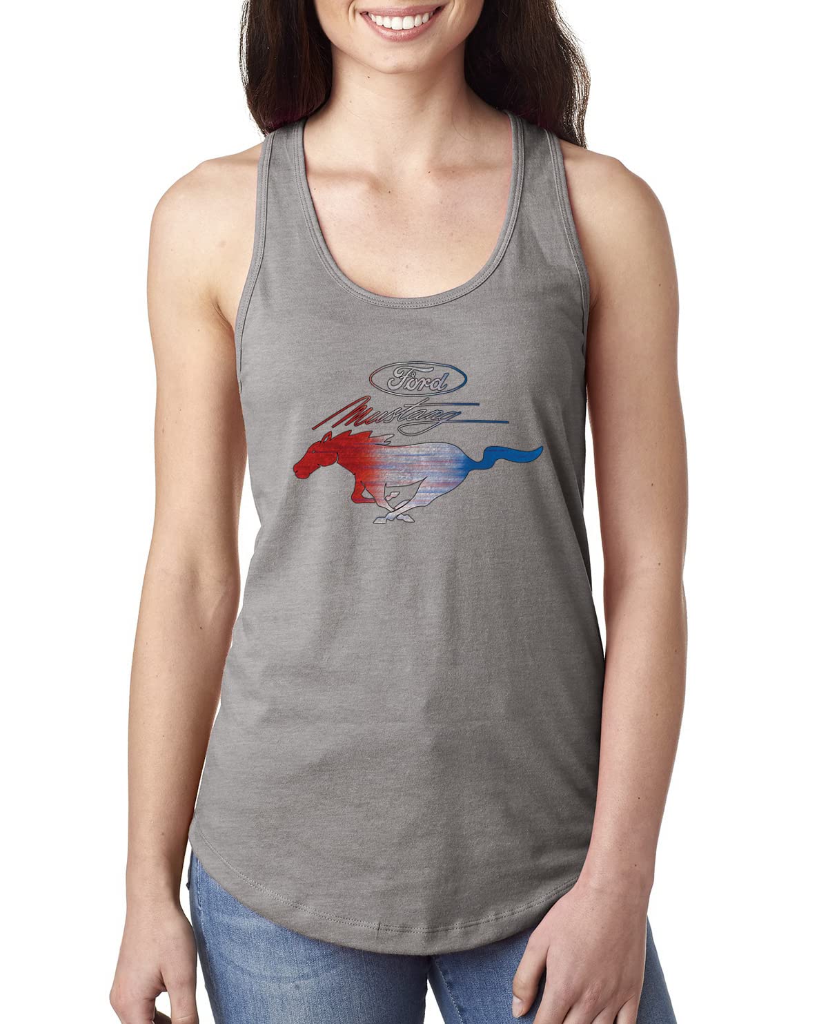 Ford Mustang Shirt USA Flag Mustang Emblem Cars and Trucks Ladies Racerback Tank Top