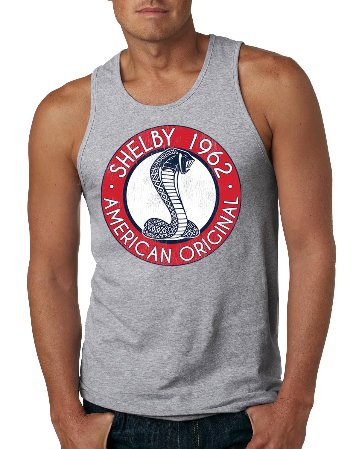 Shelby Cobra USA Logo Emblem Powered by Ford Motors Cars and Trucks Mens Tank Top