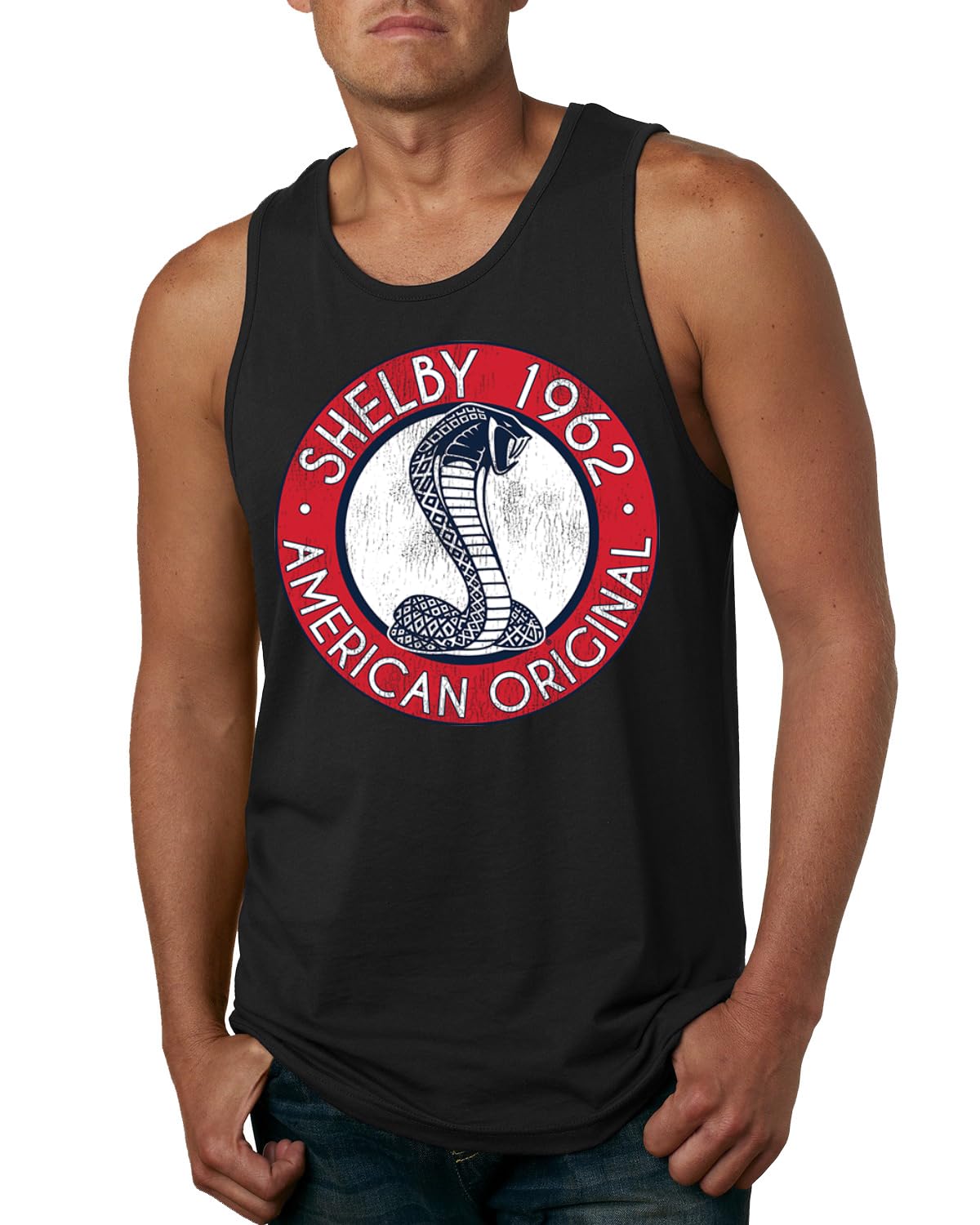Shelby Cobra USA Logo Emblem Powered by Ford Motors Cars and Trucks Mens Tank Top