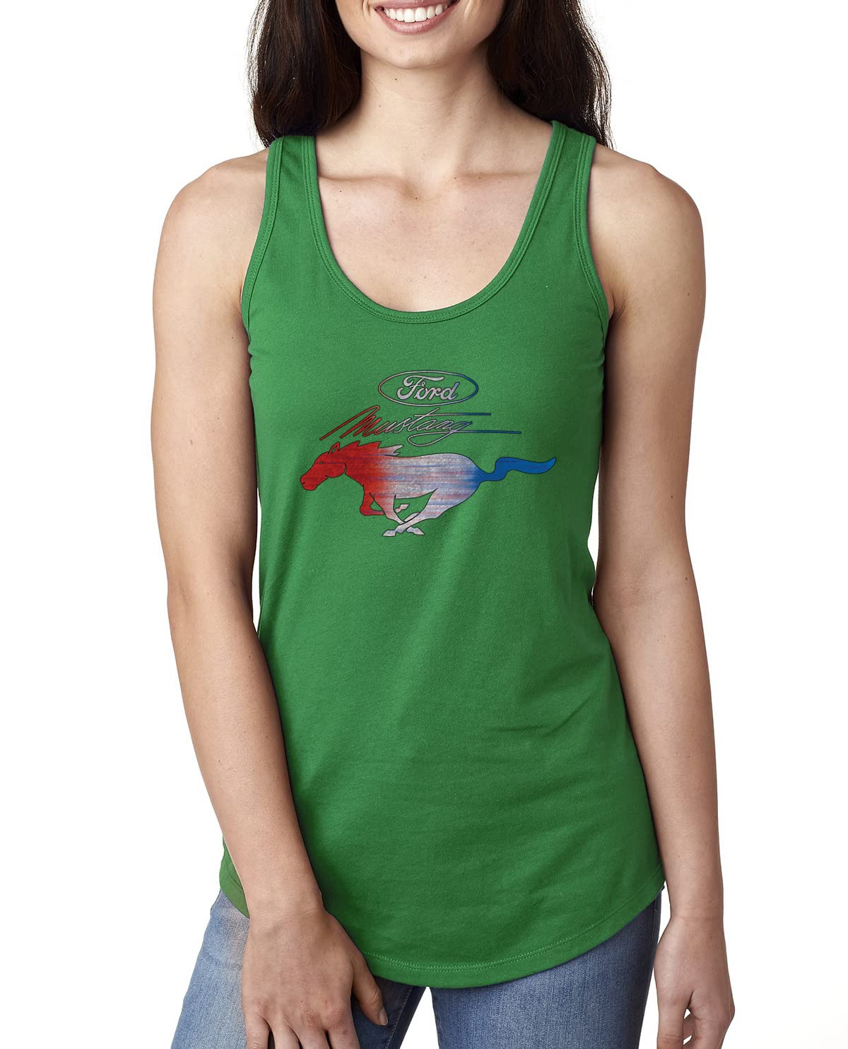 Ford Mustang Shirt USA Flag Mustang Emblem Cars and Trucks Ladies Racerback Tank Top