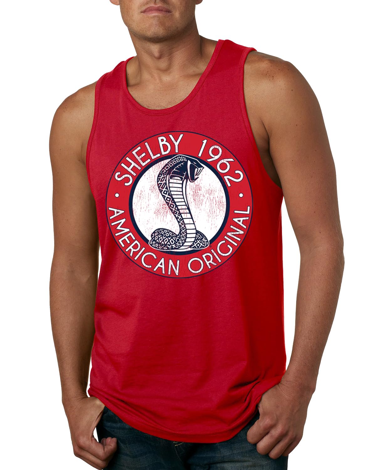 Shelby Cobra USA Logo Emblem Powered by Ford Motors Cars and Trucks Mens Tank Top