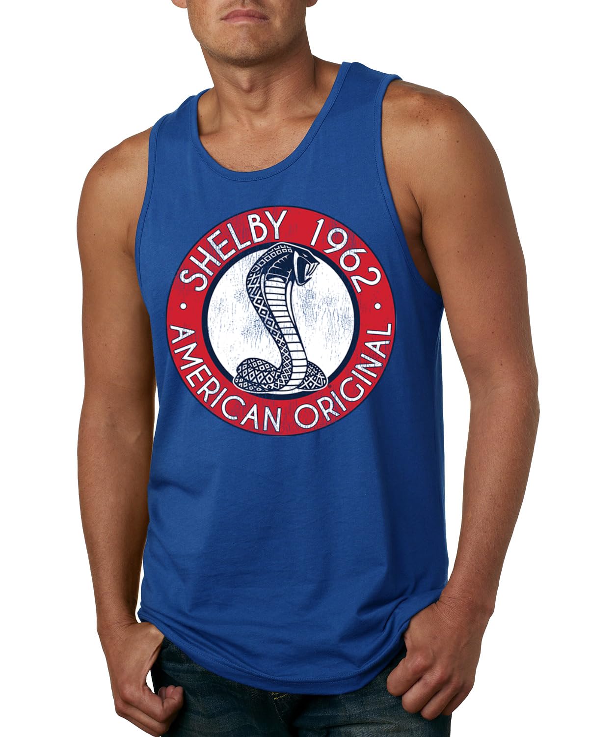 Shelby Cobra USA Logo Emblem Powered by Ford Motors Cars and Trucks Mens Tank Top