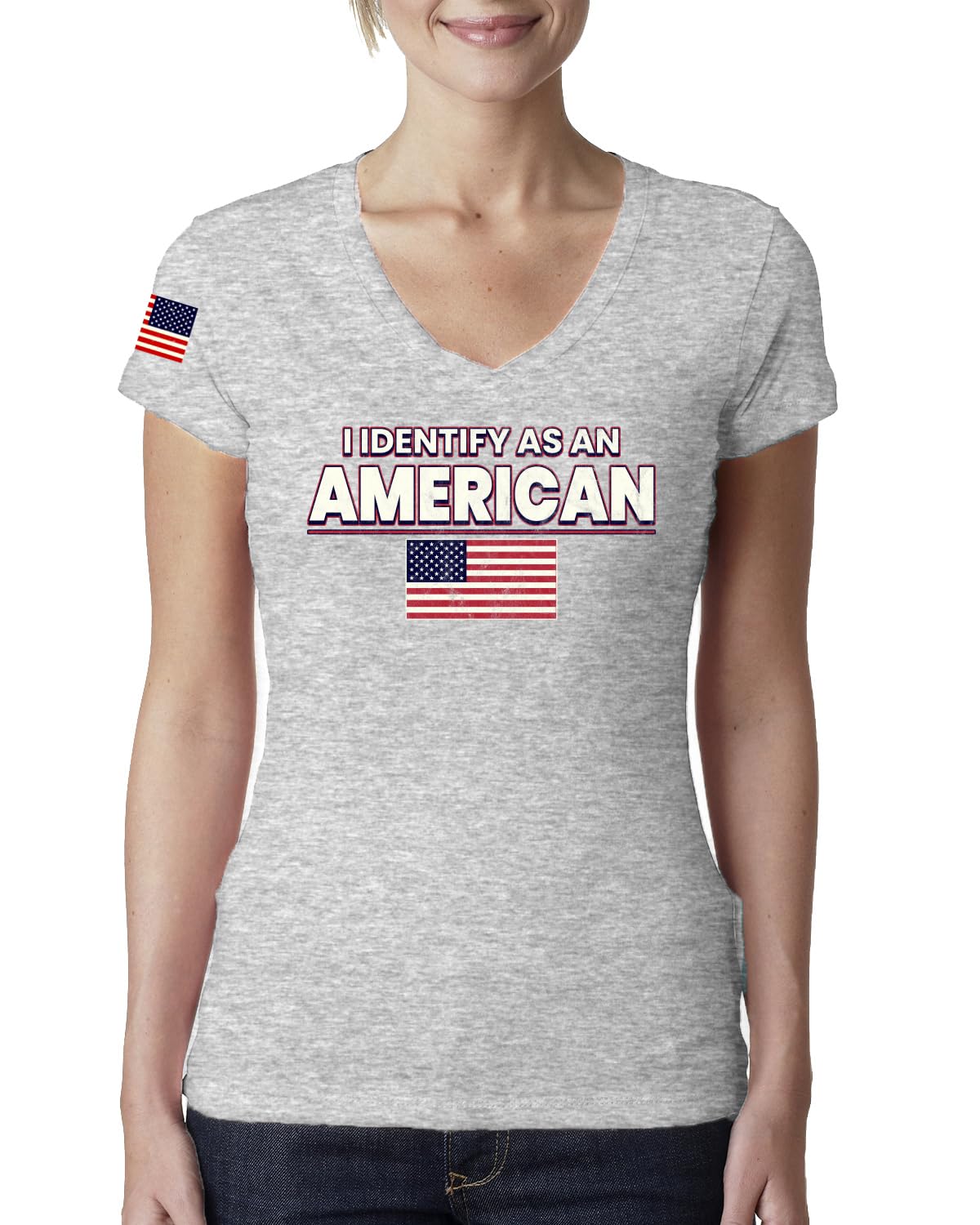 I Identify As An American USA Flag US Flag Sleeve American Pride Womens Junior Fit V-Neck Tee