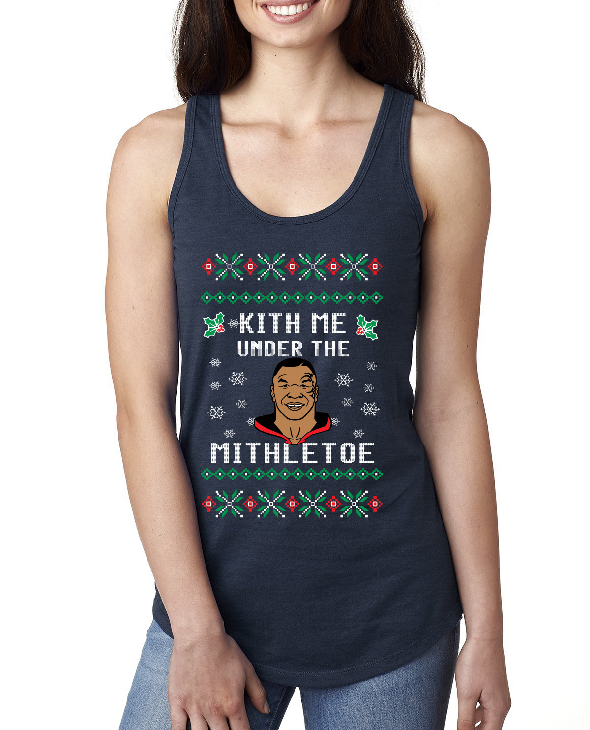 Kith Me Under The Mithletoe Funny Lips Christmas Ladies Racerback Tank Top