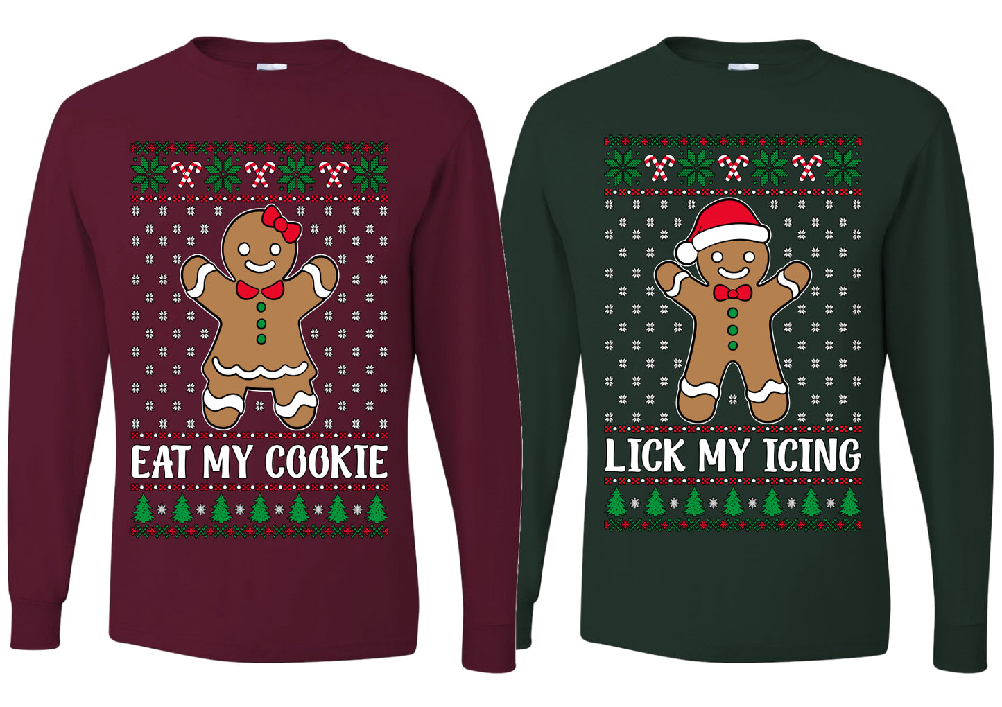 Eat My Cookie Lick My Icing Naughty Gingerbread Ugly Christmas Matching Couples Long Sleeve Shirt
