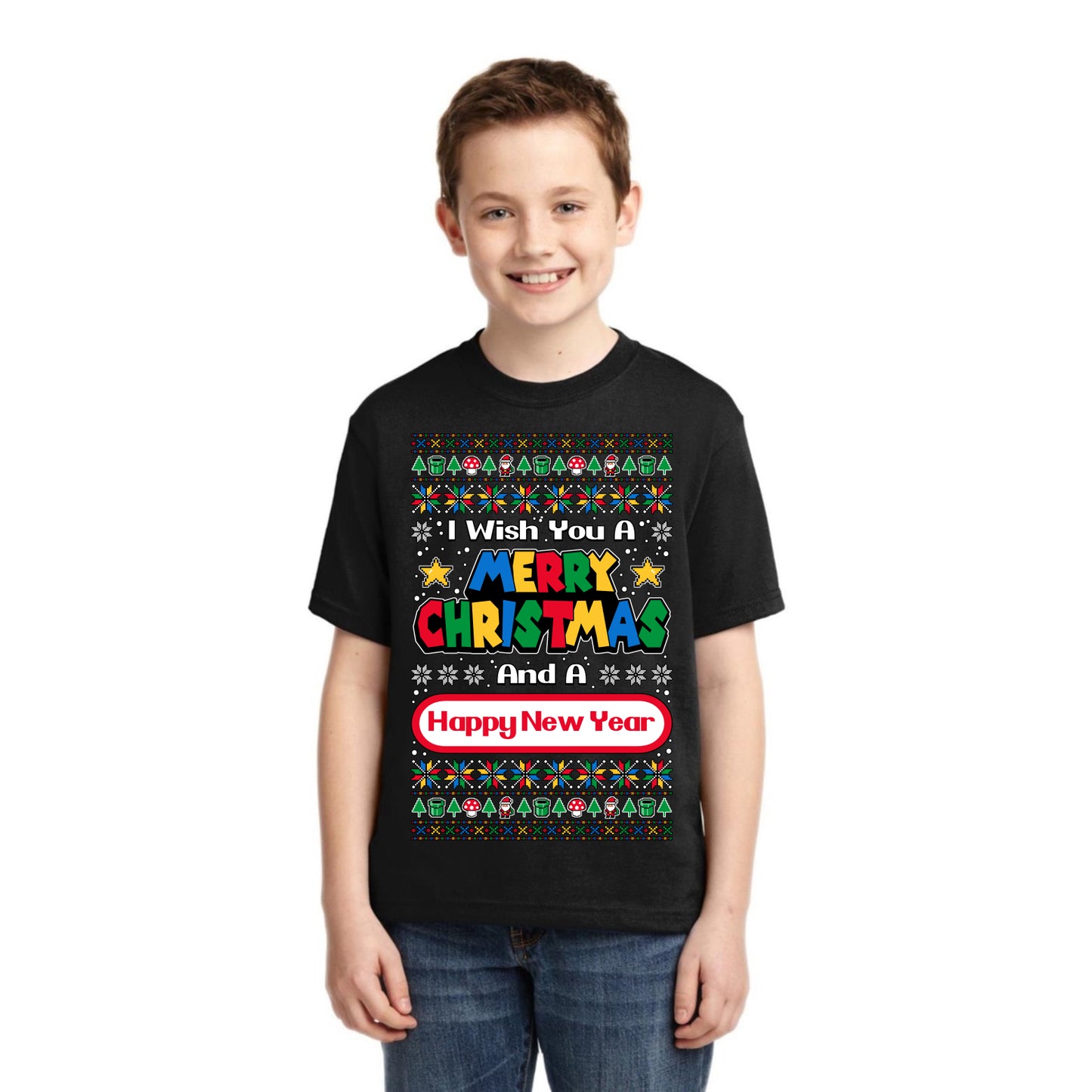 8-Bit Video Game Merry Christmas And A Happy New Year Christmas Unisex Boys Girls Graphic Youth T-Shirt