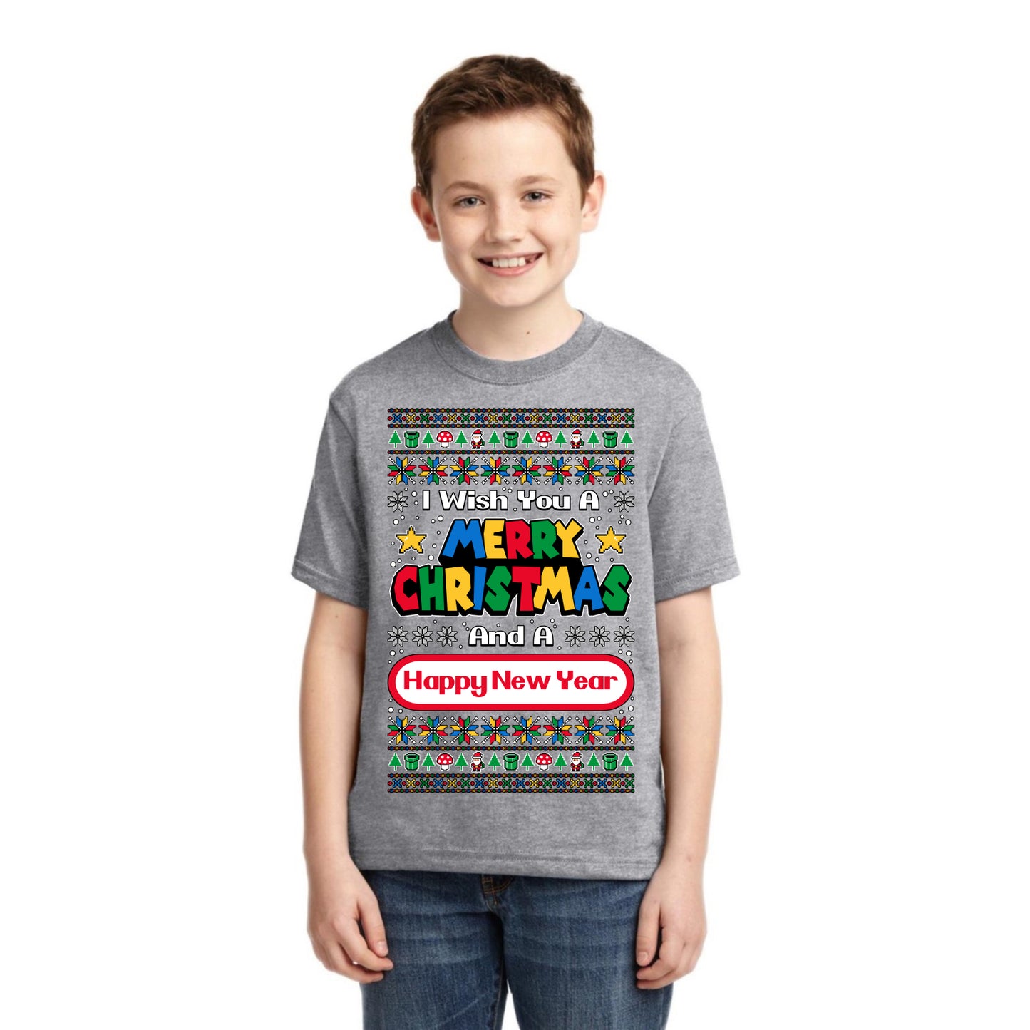 8-Bit Video Game Merry Christmas And A Happy New Year Christmas Unisex Boys Girls Graphic Youth T-Shirt