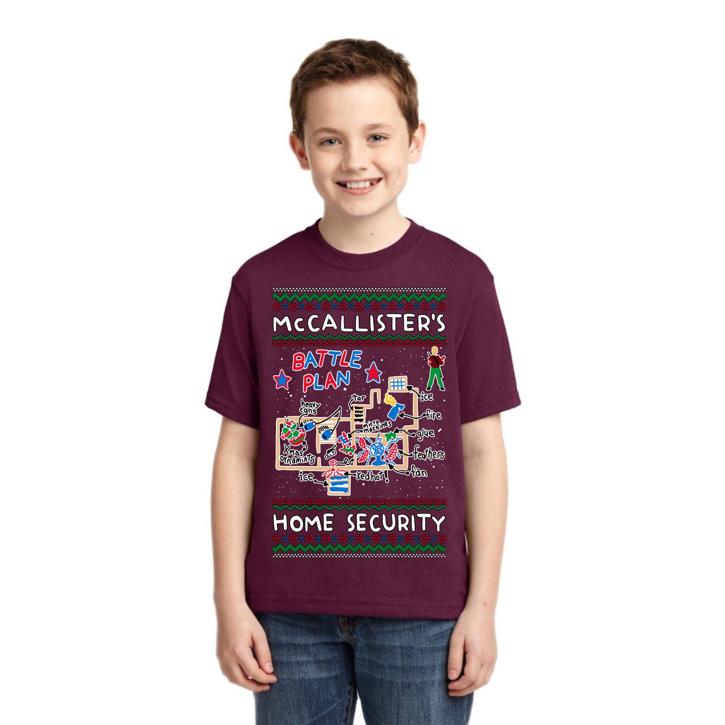 McCallister's Home Security Battle Plan Alone Kevin Christmas Unisex Boys Girls Graphic Youth T-Shirt
