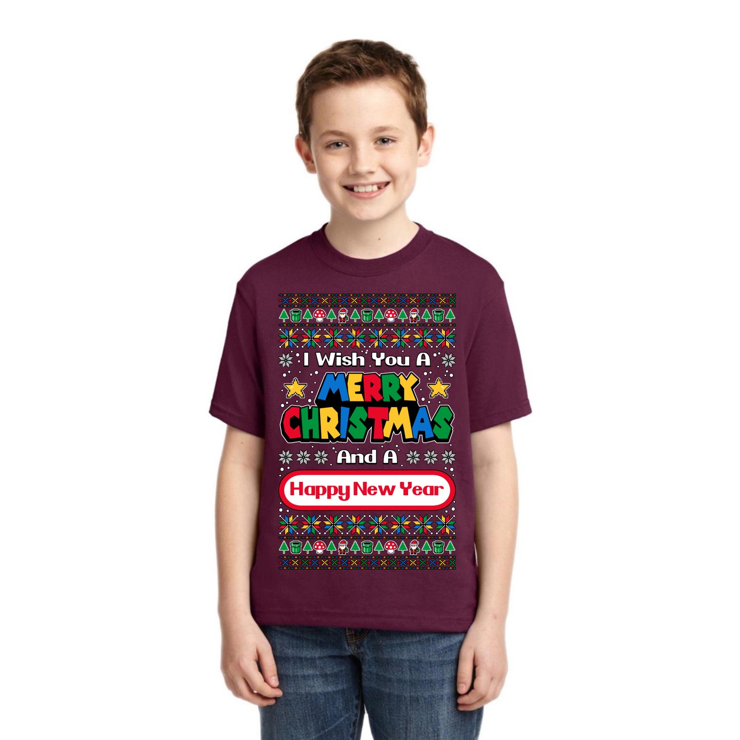 8-Bit Video Game Merry Christmas And A Happy New Year Christmas Unisex Boys Girls Graphic Youth T-Shirt
