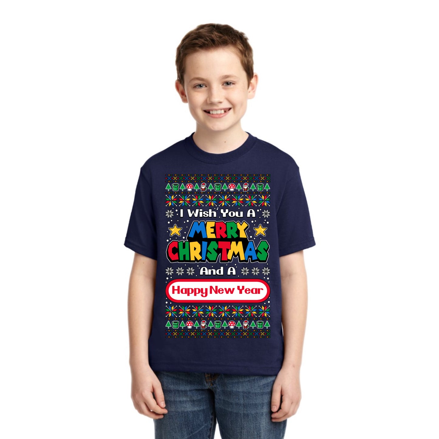 8-Bit Video Game Merry Christmas And A Happy New Year Christmas Unisex Boys Girls Graphic Youth T-Shirt