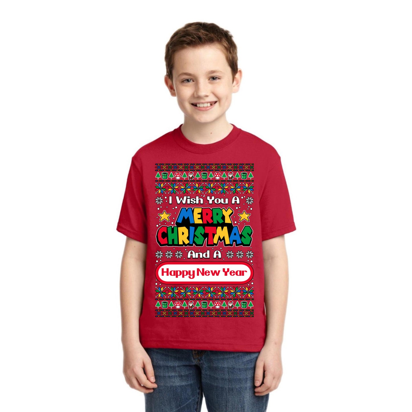 8-Bit Video Game Merry Christmas And A Happy New Year Christmas Unisex Boys Girls Graphic Youth T-Shirt