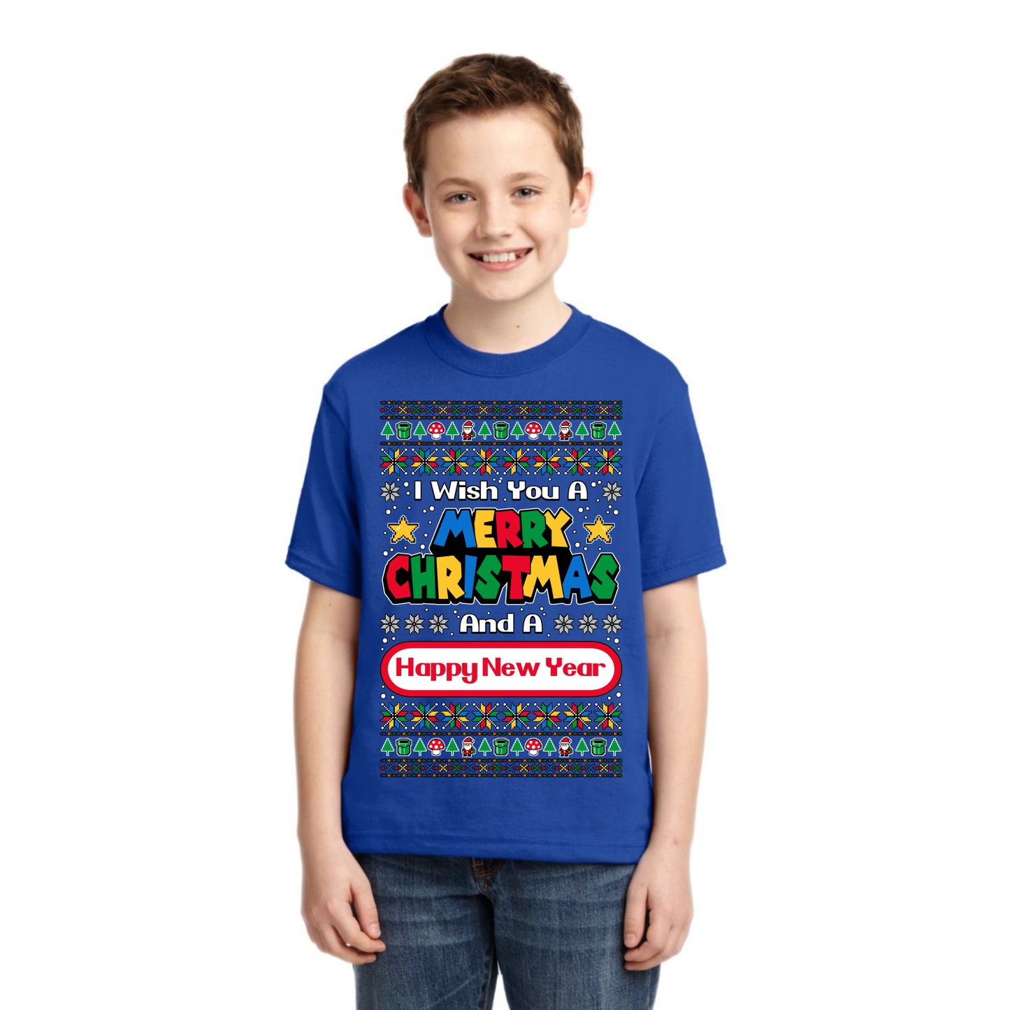 8-Bit Video Game Merry Christmas And A Happy New Year Christmas Unisex Boys Girls Graphic Youth T-Shirt