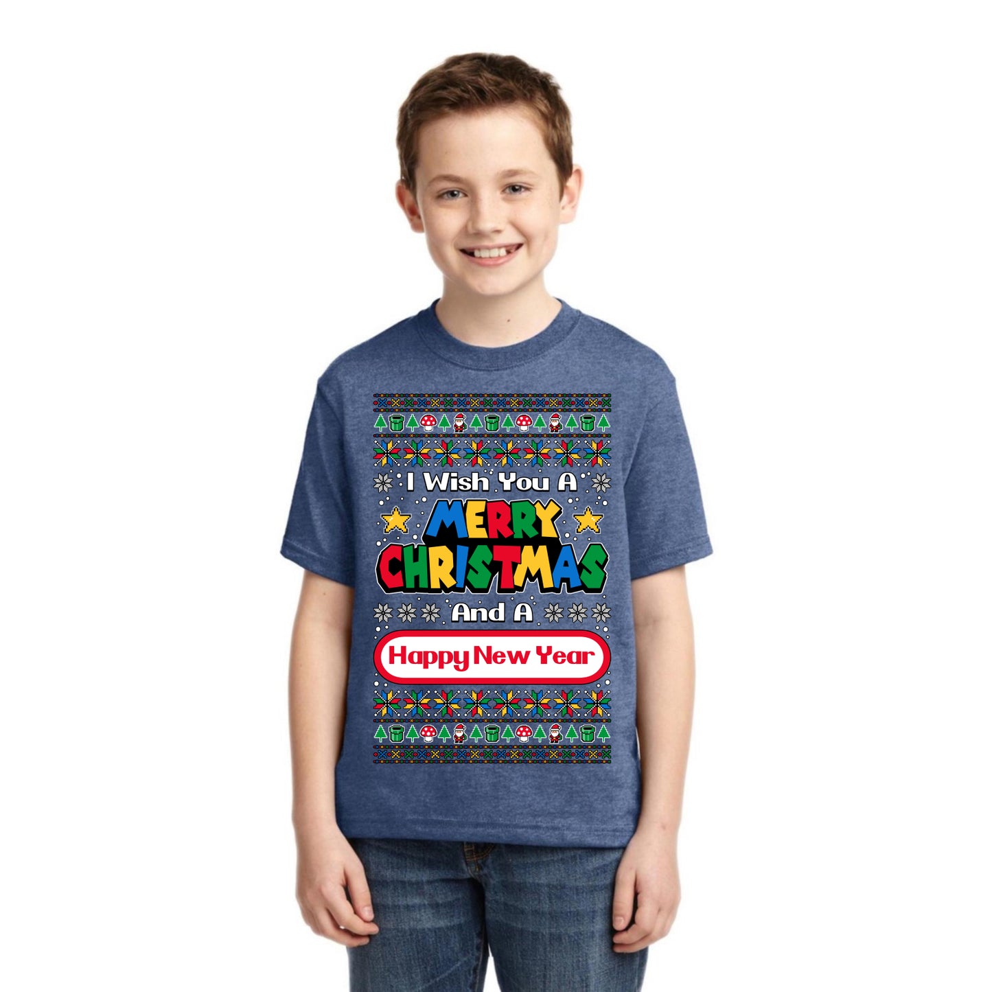 8-Bit Video Game Merry Christmas And A Happy New Year Christmas Unisex Boys Girls Graphic Youth T-Shirt