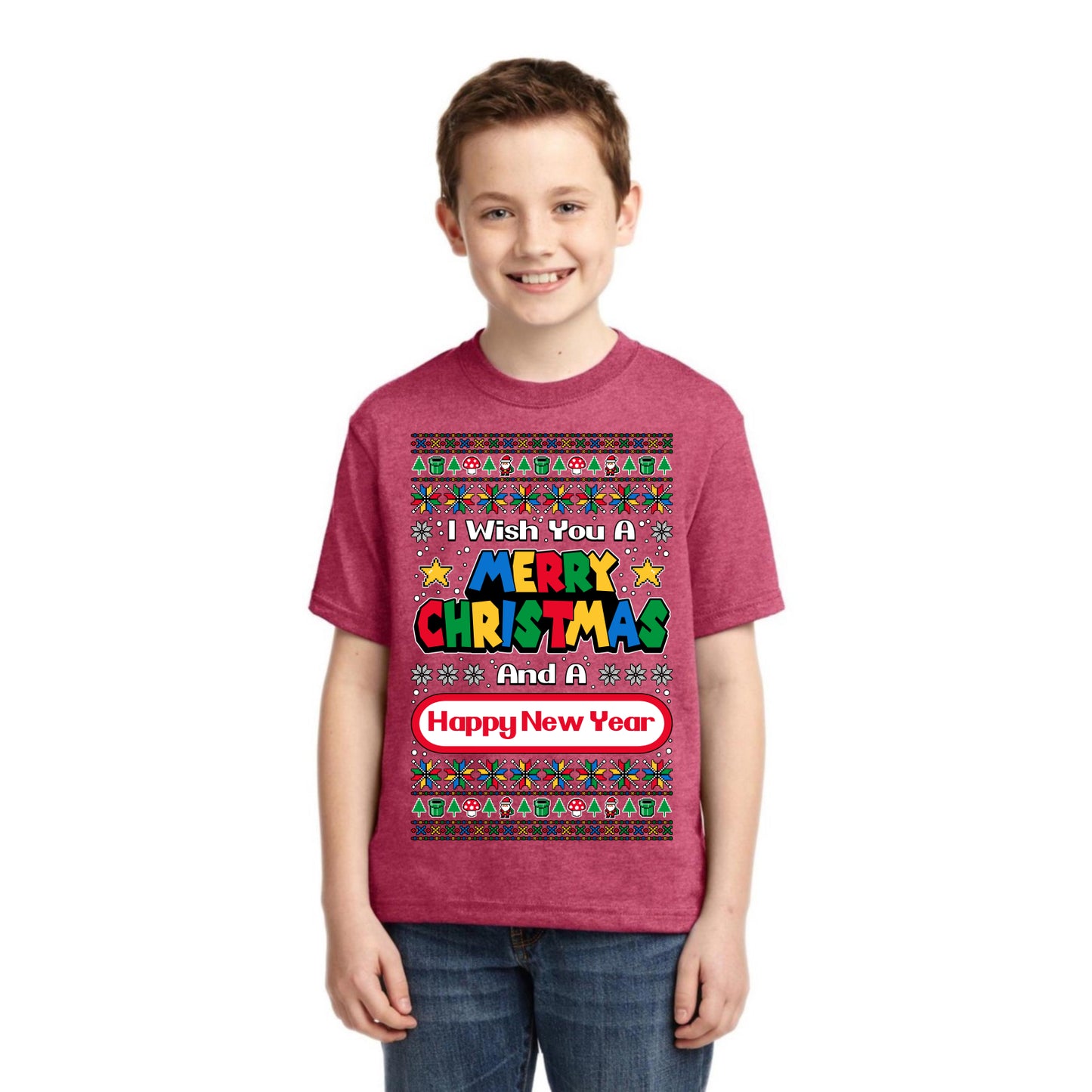 8-Bit Video Game Merry Christmas And A Happy New Year Christmas Unisex Boys Girls Graphic Youth T-Shirt