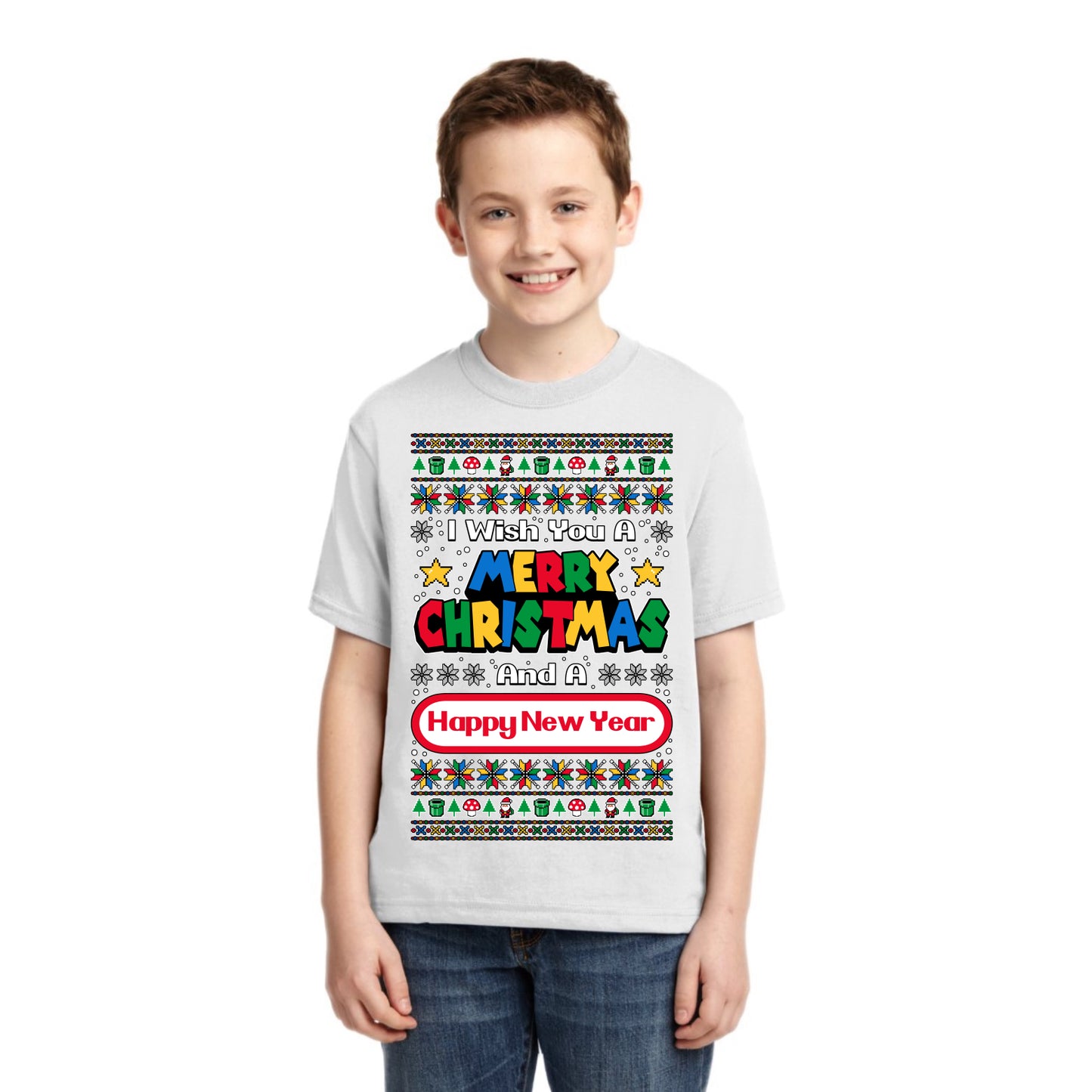 8-Bit Video Game Merry Christmas And A Happy New Year Christmas Unisex Boys Girls Graphic Youth T-Shirt