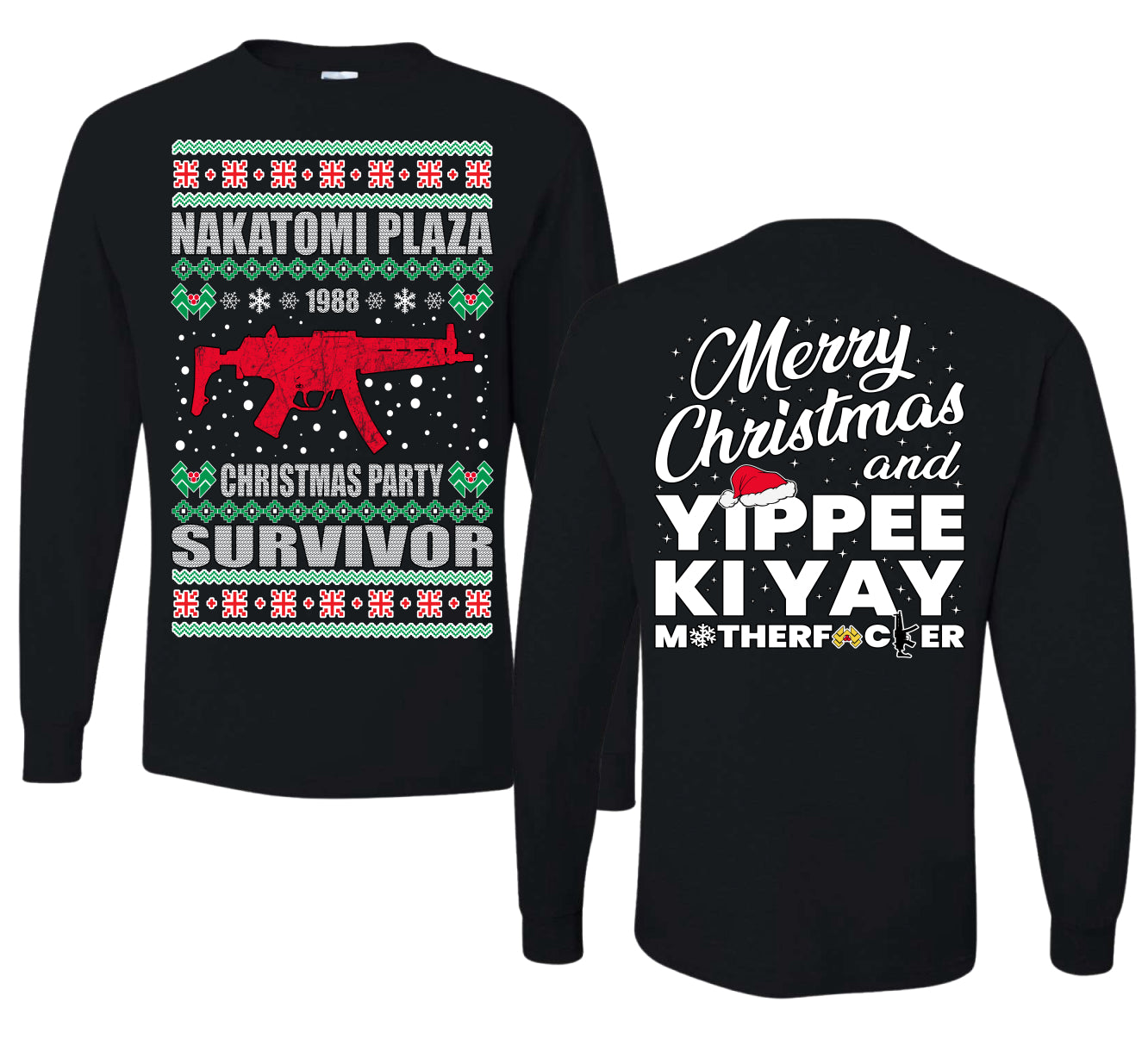 Christmas Party Survivor Nakatomi Plaza 1988 Ugly Christmas Front and Back Sweater Mens Long Sleeve Shirt